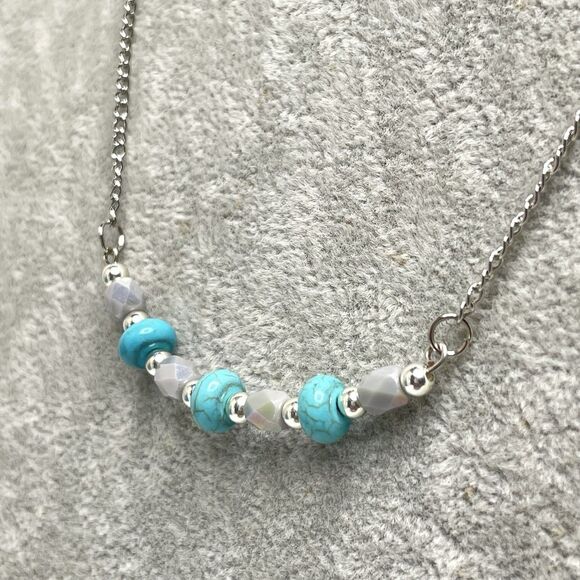 Artisan Turquoise Howlite Gray Crystal Beaded Bar Chain Necklace Earrings Set - Picture 7 of 9